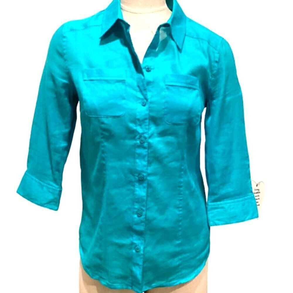 Chico's Button Up Top‎ 3/4 Sleeve Ramie Cotton 0(S/4) Turquoise #144J